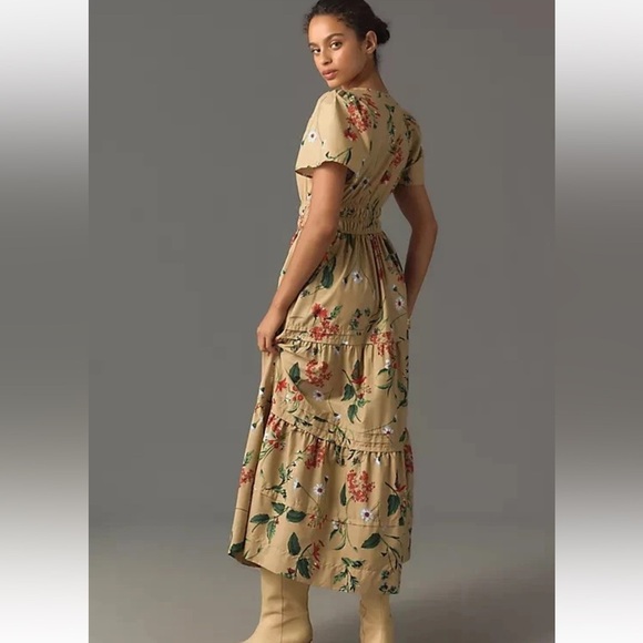 Anthropologie The Somerset Maxi Dress Cotton Tiered XL Khaki Beige Floral Puff - Picture 12 of 16